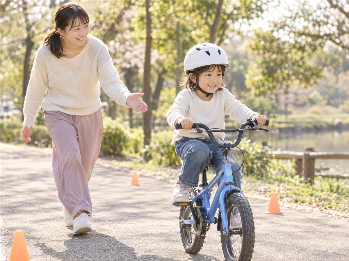 公園で自転車の練習をする子どもと見守る保護者のイメージ