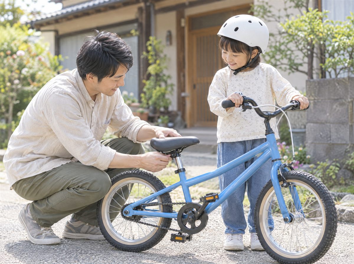子ども用自転車のサドルの高さを調整する親子のイメージ